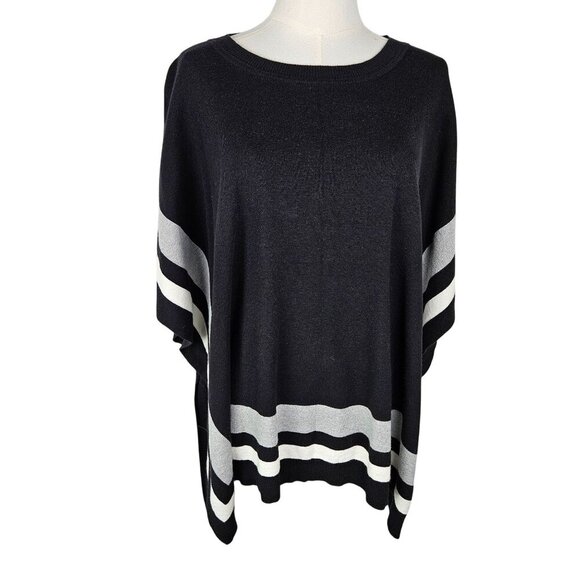 Talbots Black & White Stripe Crewneck Poncho Sweater Medium Large - Picture 2 of 8